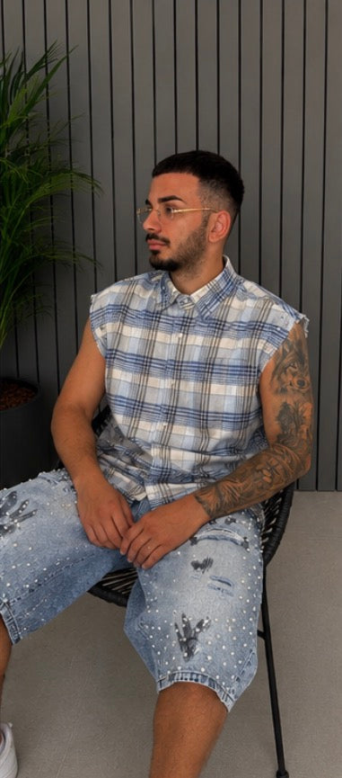 Camicia smanicata a quadri con perline